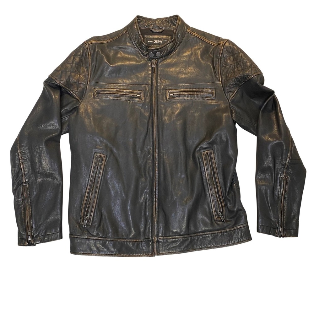 Black Rivet Cafe Racer Leather Jacket Men's L Black Moto Quilted Zip